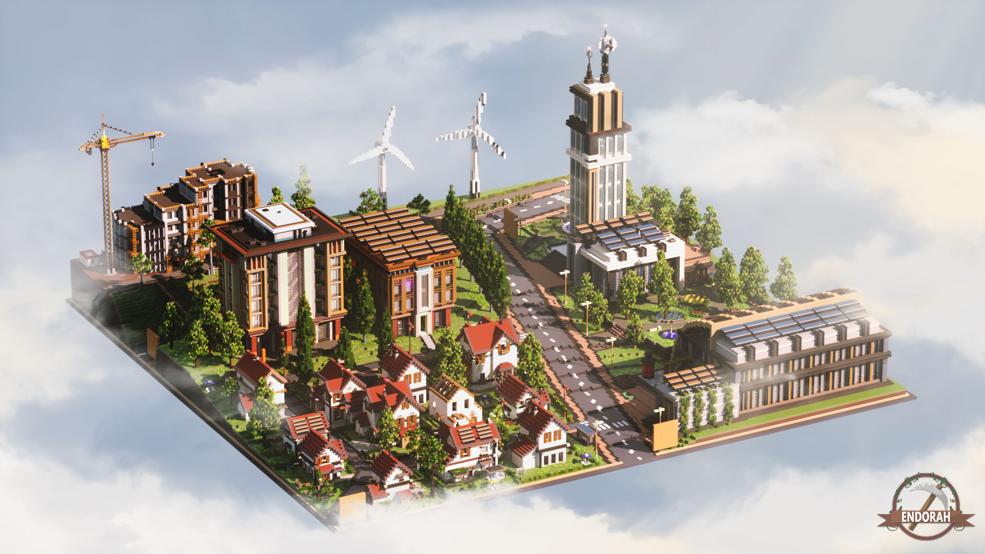 Isometric eco-city built in Minecraft during BTPixels, with wind turbines and solar panels