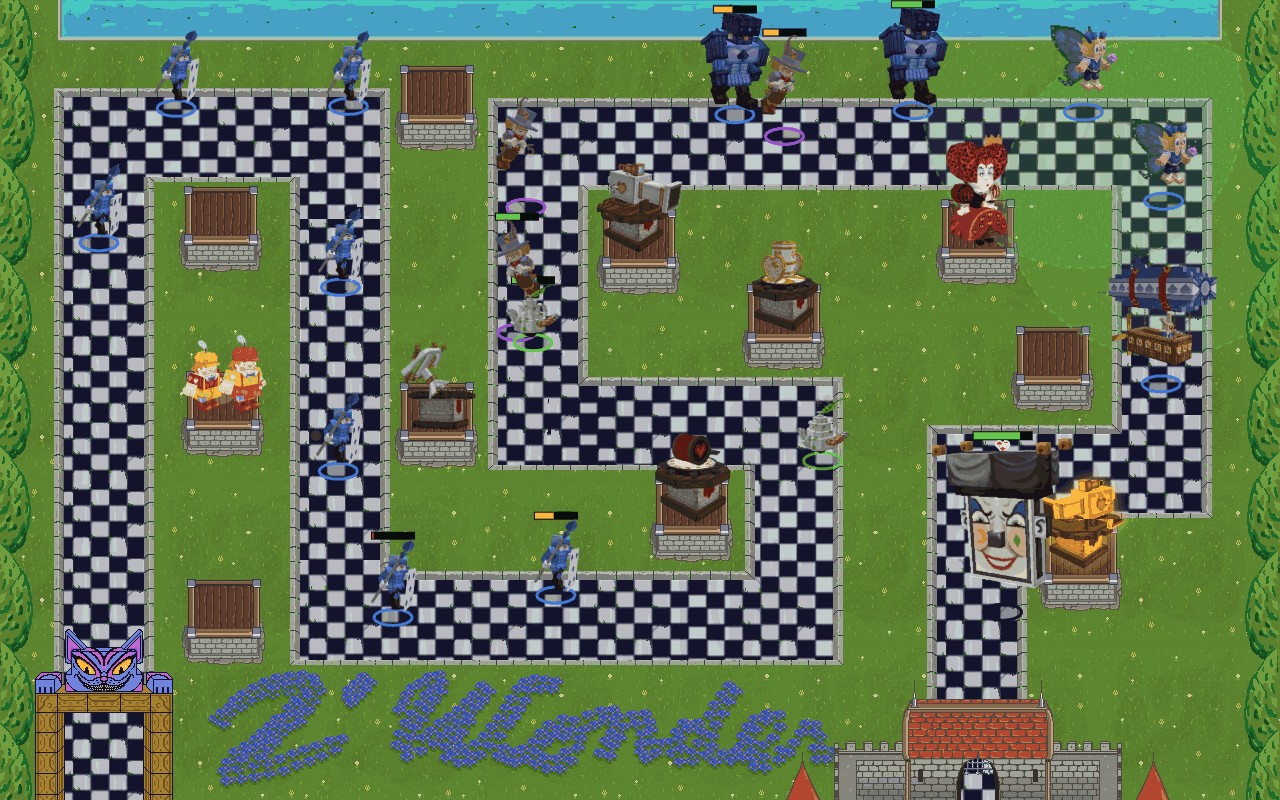 Aperçu du mini tower defense : tourelles et troupes du Pays des Merveilles en plein combat