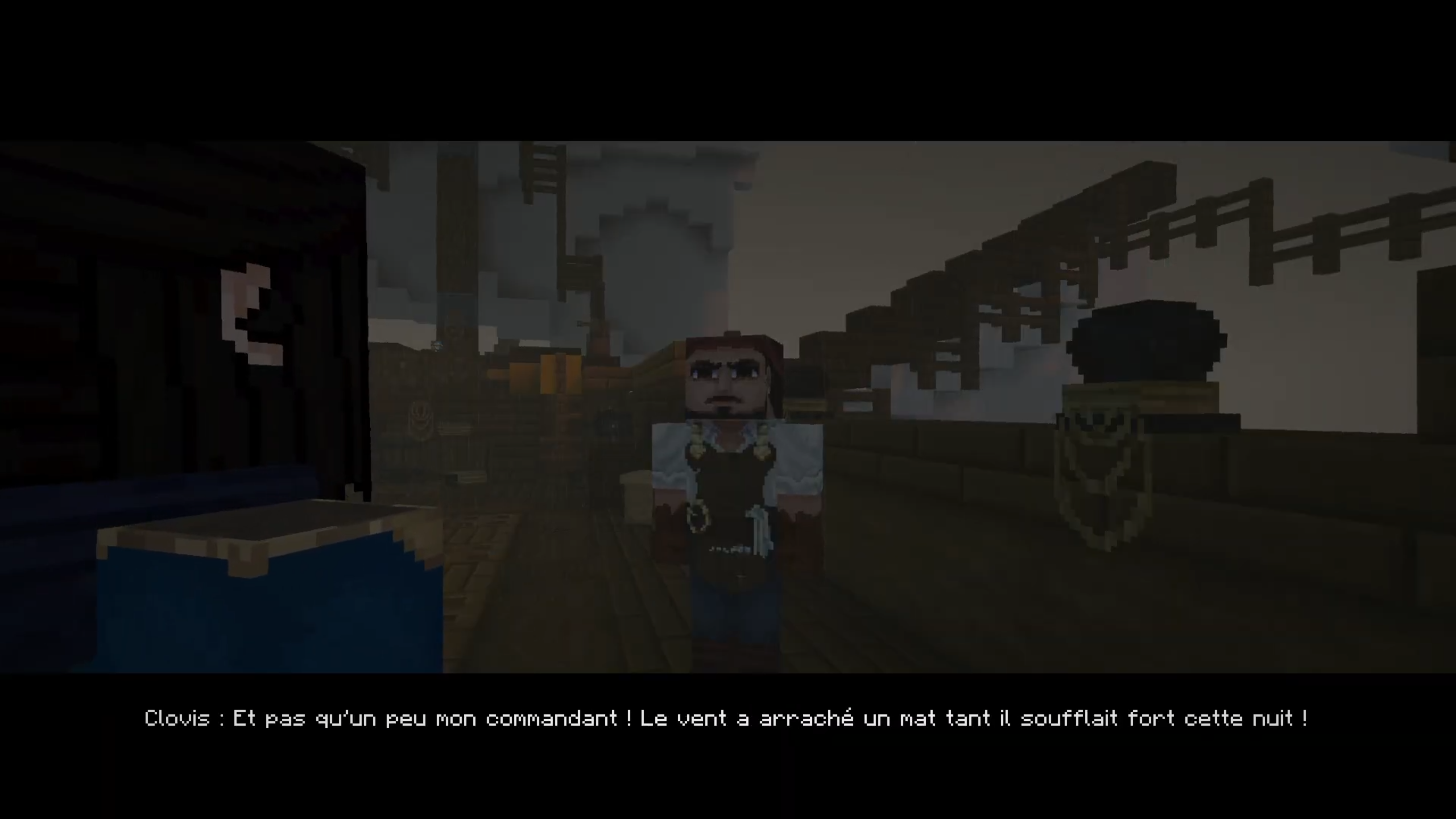 Clovis, en pleine réplique sur le pont du navire, avec son sous-titre affiché en jeu