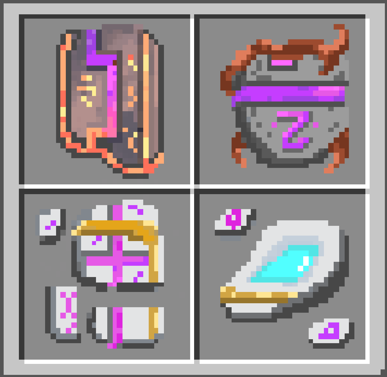 Objetos e grimórios em pixel art