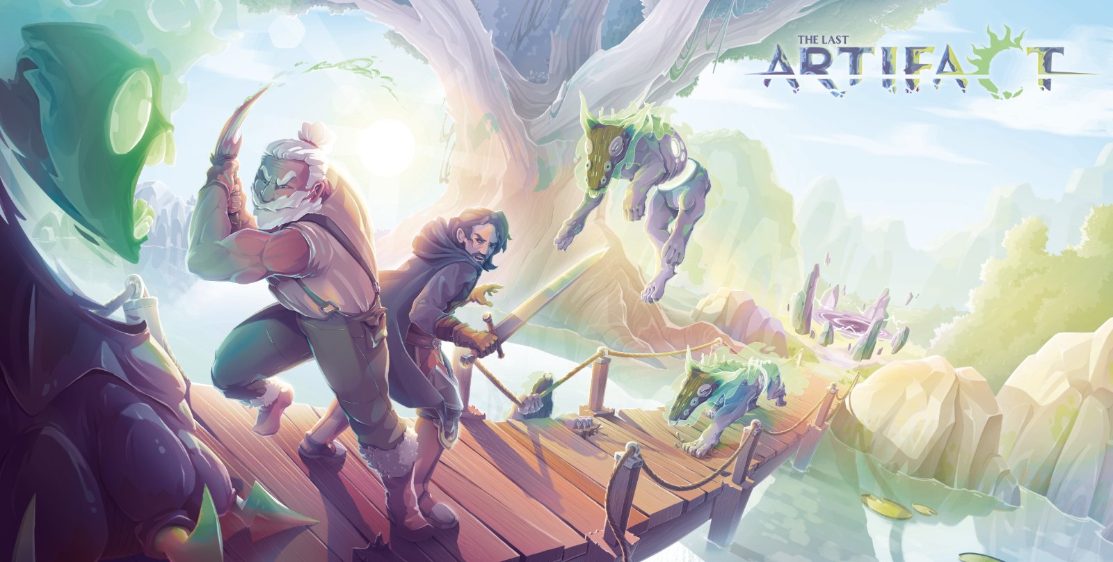 Illustration promotionnelle de The Last Artifact : des héros traversent un pont vers l'arbre-monde