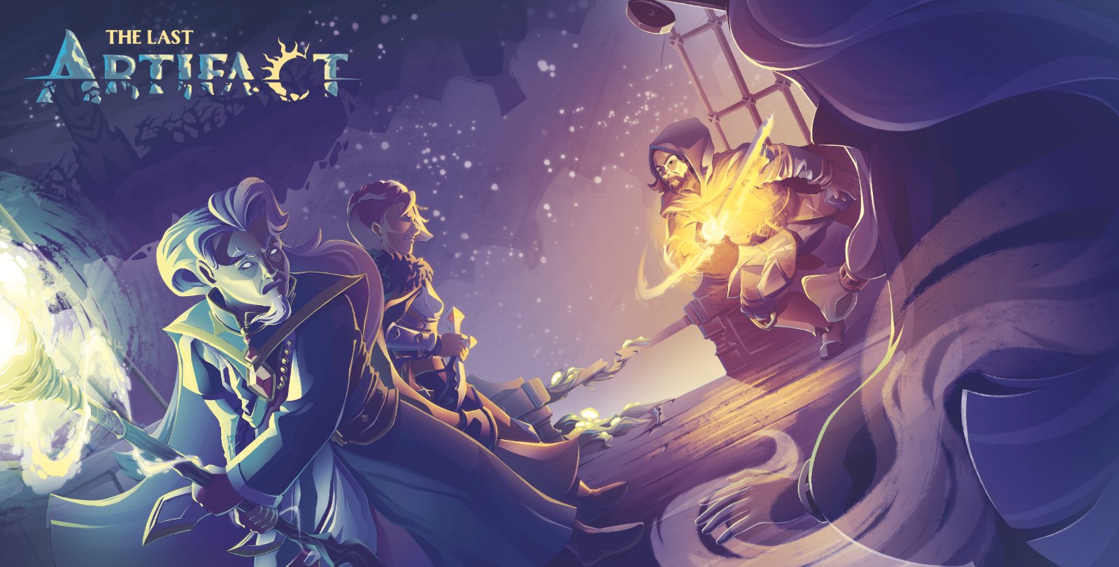 Illustration promotionnelle de The Last Artifact : un duel de magie à la lueur d'une lame enflammée