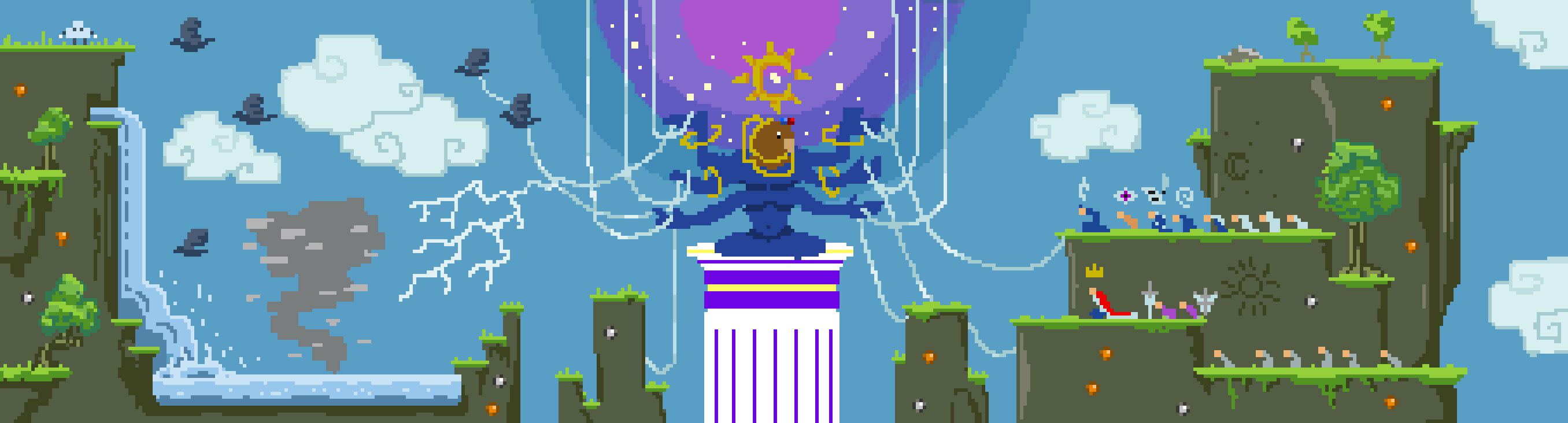 O Tecelão de Sonhos no centro do mundo, sobre seu pilar, cercado pelas ilhas flutuantes, pixel art