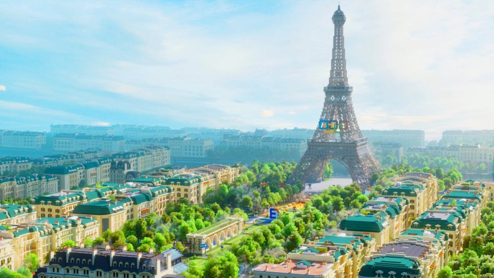 Aerial view of the cubic Paris rebuilt for the activation, Eiffel Tower and Olympic rings